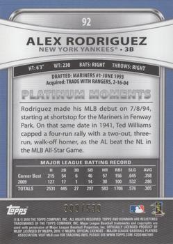2010 Bowman Platinum - Gold Refractors #92 Alex Rodriguez Back