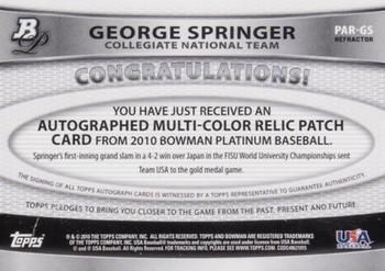 2010 Bowman Platinum - Relic Autographs Blue Refractors #PAR-GS George Springer Back