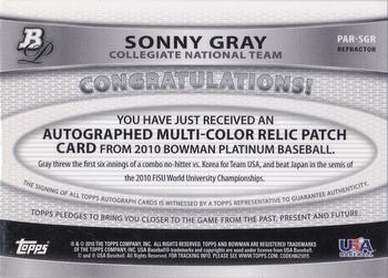 2010 Bowman Platinum - Relic Autographs Blue Refractors #PAR-SGR Sonny Gray Back