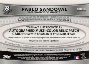 2010 Bowman Platinum - Relic Autographs Green Refractors #PAR-PS Pablo Sandoval Back