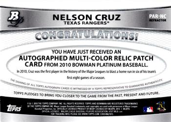 2010 Bowman Platinum - Relic Autographs Refractors #PAR-NC Nelson Cruz Back