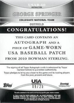 2010 Bowman Sterling - USA Baseball Autograph Relics Black #USAR-40 George Springer Back
