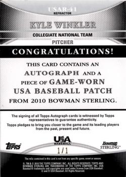 2010 Bowman Sterling - USA Baseball Autograph Relics Red #USAR-41 Kyle Winkler Back
