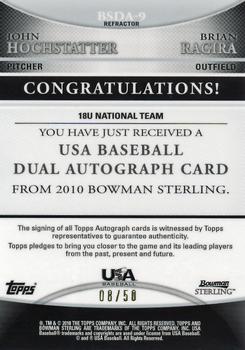 2010 Bowman Sterling - USA Baseball Dual Autographs Gold Refractors #BSDA-9 John Hochstatter / Brian Ragira Back