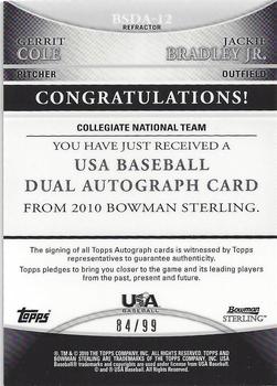2010 Bowman Sterling - USA Baseball Dual Autographs Refractors #BSDA-12 Gerrit Cole / Jackie Bradley Jr. Back