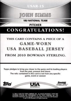2010 Bowman Sterling - USA Baseball Relics #USAR-15 John Simms Back