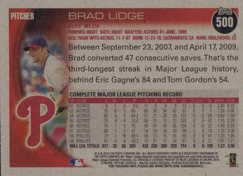 2010 Topps - Vintage Cardstock #500 Brad Lidge Back