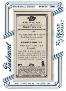 2010 Topps 206 - Mini Framed Autographs Piedmont #TA-BM Bengie Molina Back