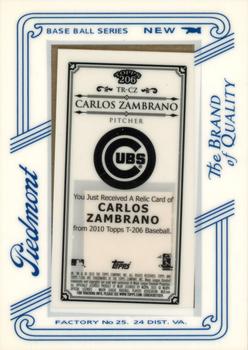 2010 Topps 206 - Mini Framed Relics Piedmont #TR-CZ Carlos Zambrano Back
