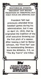 2010 Topps 206 - Mini Historical Events #HE14 Apr 14th 1910 / President Taft begins tradition of throwing out first pitch on Opening Day Back