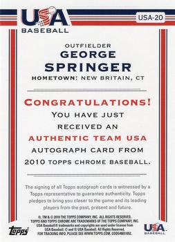 2010 Topps Chrome - USA Baseball Autographs #USA-20 George Springer Back
