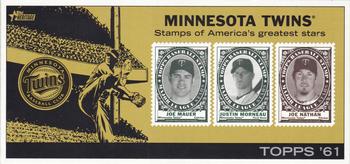 2010 Topps Heritage - Team Stamp Panels #NNO Minnesota Twins / Joe Mauer / Justin Morneau / Joe Nathan Front