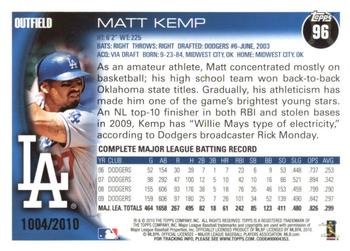 2010 Topps Opening Day - Blue #96 Matt Kemp Back