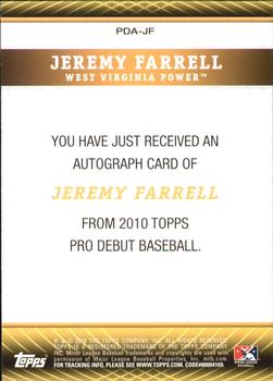 2010 Topps Pro Debut - Prospect Autographs #PDA-JF Jeremy Farrell Back