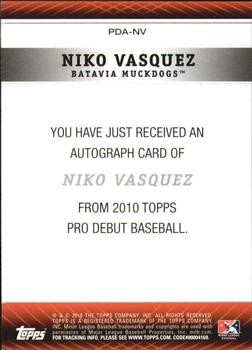 2010 Topps Pro Debut - Prospect Autographs #PDA-NV Niko Vasquez Back