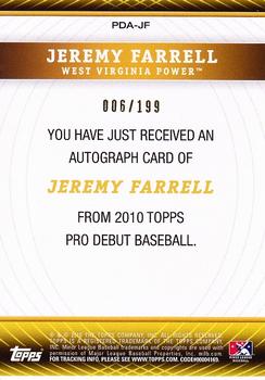 2010 Topps Pro Debut - Prospect Autographs Blue #PDA-JF Jeremy Farrell Back