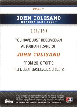 2010 Topps Pro Debut - Prospect Autographs Blue #PDA-JT John Tolisano Back