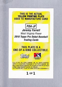 2010 Topps Pro Debut - Prospect Autographs Printing Plates Yellow #PDA-JF Jeremy Farrell Back