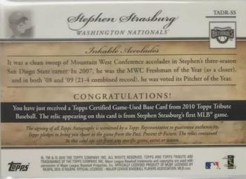 2010 Topps Tribute - Autograph Dual Relics Gold #TADR-SS Stephen Strasburg Back