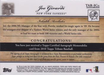 2010 Topps Tribute - Autograph Relics Gold #TAR-JG2 Joe Girardi Back