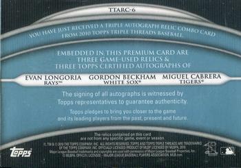 2010 Topps Triple Threads - Autograph Relic Combos Sapphire #TTARC-6 Evan Longoria / Gordon Beckham / Miguel Cabrera Back