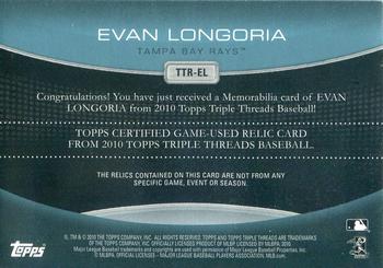 2010 Topps Triple Threads - MLB Die Cut Relics Sapphire #TTR-EL Evan Longoria Back