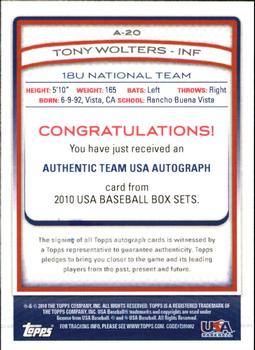 2010 Topps USA Baseball - Autographs #A-20 Tony Wolters Back