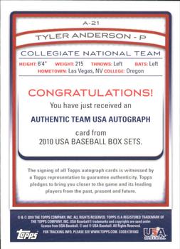 2010 Topps USA Baseball - Autographs #A-21 Tyler Anderson Back