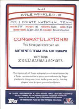 2010 Topps USA Baseball - Autographs #A-41 Kyle Winkler Back