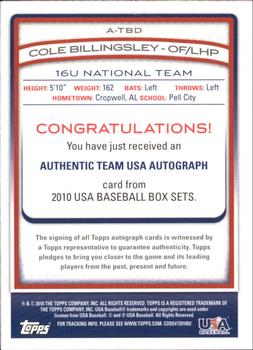 2010 Topps USA Baseball - Autographs #A-TBD2 Cole Billingsley Back