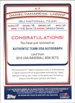 2010 Topps USA Baseball - Autographs Red #A7 Daniel Camarena Back