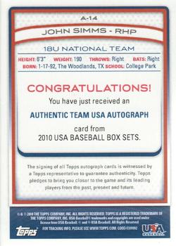 2010 Topps USA Baseball - Autographs Red #A14 John Simms Back