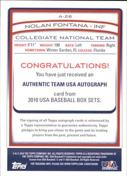2010 Topps USA Baseball - Autographs Red #A26 Nolan Fontana Back