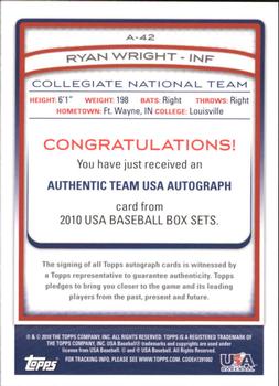 2010 Topps USA Baseball - Autographs Red #A42 Ryan Wright Back