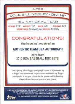 2010 Topps USA Baseball - Autographs Red #ATBD2 Cole Billingsley Back