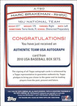 2010 Topps USA Baseball - Autographs Red #ATBD4 Marc Brakeman Back