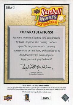 2010 Upper Deck - Baseball Heroes: 20th Anniversary Art Autographs #BHA-3 Evan Longoria Back
