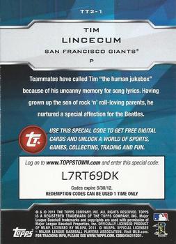 2011 Topps - Topps Town (Series 2) #TT2-1 Tim Lincecum Back