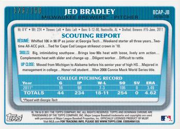 2011 Bowman Draft Picks & Prospects - Chrome Prospect Autographs Blue Refractors #BCAP-JB Jed Bradley Back
