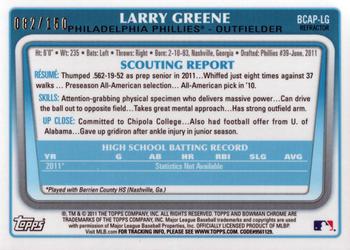 2011 Bowman Draft Picks & Prospects - Chrome Prospect Autographs Blue Refractors #BCAP-LG Larry Greene Back