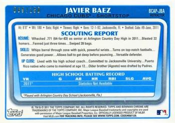 2011 Bowman Draft Picks & Prospects - Chrome Prospect Autographs Blue Refractors #BCAP-JBA Javier Baez Back