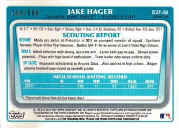 2011 Bowman Draft Picks & Prospects - Chrome Prospect Autographs Refractors #BCAP-JHA Jake Hager Back