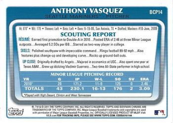 2011 Bowman - Chrome Prospects #BCP14 Anthony Vasquez Back