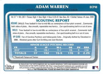 2011 Bowman - Chrome Prospects #BCP48 Adam Warren Back