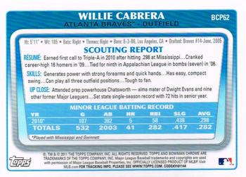 2011 Bowman - Chrome Prospects #BCP62 Willie Cabrera Back