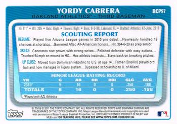2011 Bowman - Chrome Prospects #BCP97 Yordy Cabrera Back