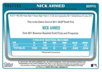 2011 Bowman Draft Picks & Prospects - Chrome Prospects Blue Refractors #BDPP75 Nick Ahmed Back