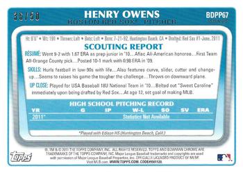 2011 Bowman Draft Picks & Prospects - Chrome Prospects Gold Refractors #BDPP67 Henry Owens Back
