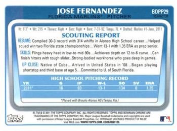 2011 Bowman Draft Picks & Prospects - Chrome Prospects Purple Refractors #BDPP29 Jose Fernandez Back