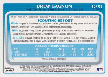 2011 Bowman Draft Picks & Prospects - Chrome Prospects Refractors #BDPP34 Drew Gagnon Back
